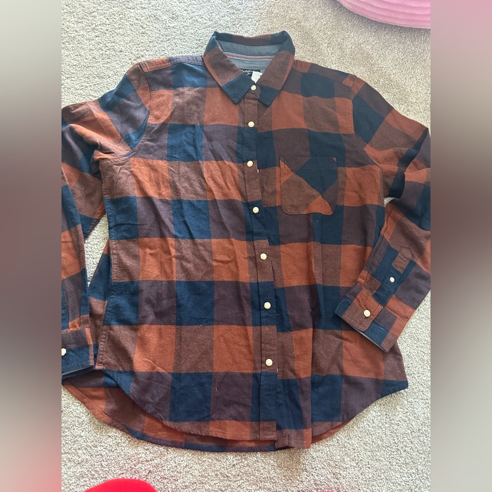 Women's Plaid Button Down Shirt - Navy and Rust